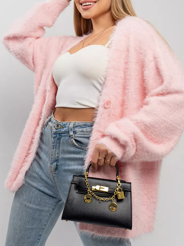 Long Sleeves Loose Buttoned Solid Color V-Neck Cardigan Tops