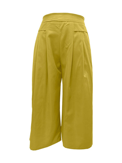 Flared Pants High Waisted Pleated Pockets Solid Color Split-Joint Ninth Pants Trousers