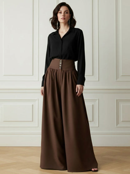 Elasticated Waist High Waisted Buttoned Pleated Pockets Solid Color Split-Joint Pants
