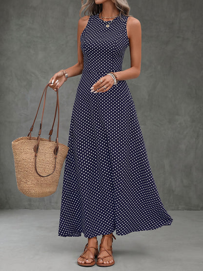 A-Line High Waisted Contrast Color Polka-Dot Round-Neck Maxi Dresses