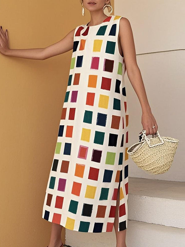 A-Line Loose Contrast Color Pockets Split-Side Round-Neck Midi Dresses