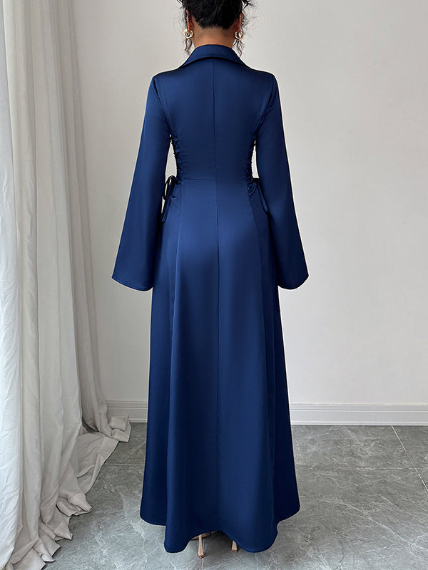 Flared Sleeves High Waisted Solid Color Tied Lapel Maxi Dresses