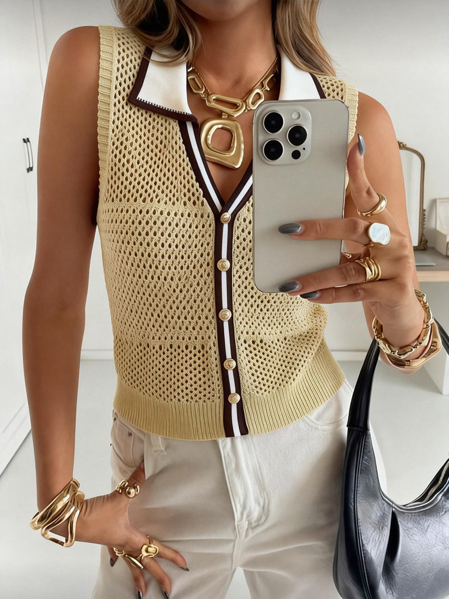 Loose Sleeveless Buttoned Contrast Color Lapel Vest Top