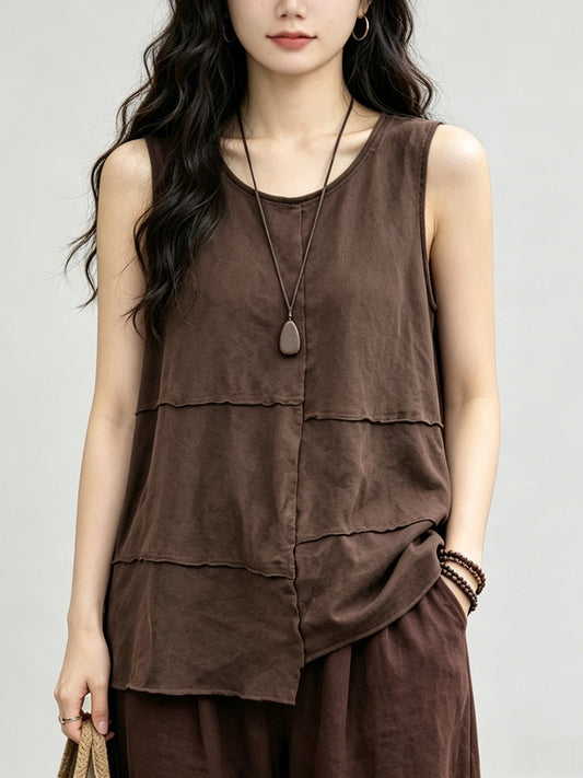 Plus Size Women Summer Retro Spliced O-Neck 100%Cotton Tank