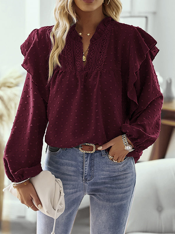Long Sleeves Loose Elasticity Jacquard Ruffle Trim Solid Color Split-Joint V-Neck Blouses&Shirts Tops