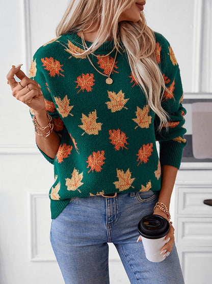 Long Sleeves Loose Contrast Color Jacquard Knitted Leaves Split-Joint Round-Neck Pullovers Sweater Tops