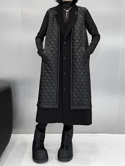 Loose Sleeveless Buttoned Plaid Pockets Solid Color Split-Joint Notched Collar Outerwear Padded Vest