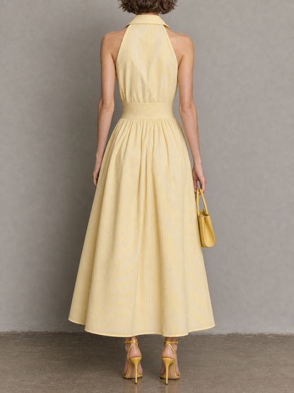 Striped Solid Color Pockets Pleated Sleeveless High Waisted Lapel Maxi Dresses