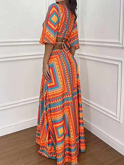 A-Line Cropped Contrast Color Knot Printed Split-Joint Deep V-Neck Maxi Dresses
