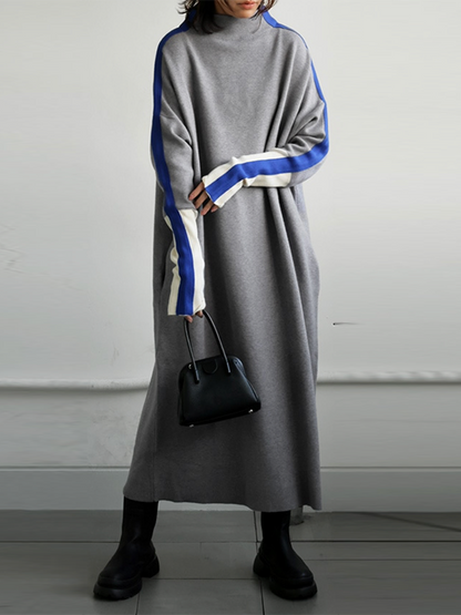 Long Sleeves Loose Contrast Color Stand Collar Maxi Dresses