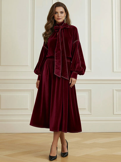 Long Sleeves Puff Sleeves Bow-Embellished Pleated Solid Color Split-Joint Tied Half Turtleneck Blouses&Shirts Tops