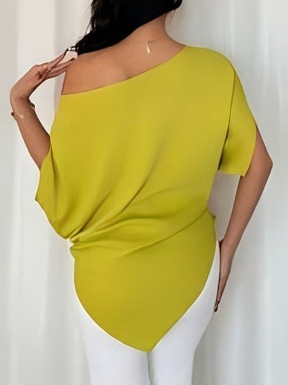 Batwing Sleeves Loose Asymmetric Pleated Solid Color One-Shoulder T-Shirts Tops