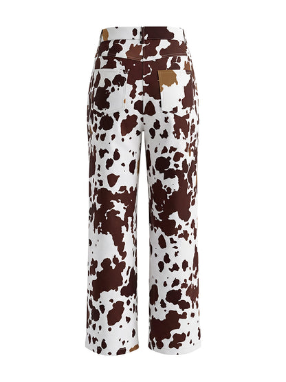 Elasticated Waist High Waisted Contrast Color Cow Printed Split-Joint Pants