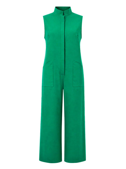Solid Color Buttoned Wide Leg Sleeveless Stand Collar Jumpsuits