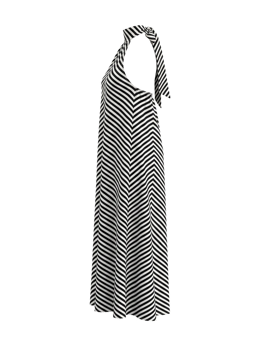 A-Line Loose Backless Contrast Color Elasticity Pockets Halter-Neck Maxi Dresses