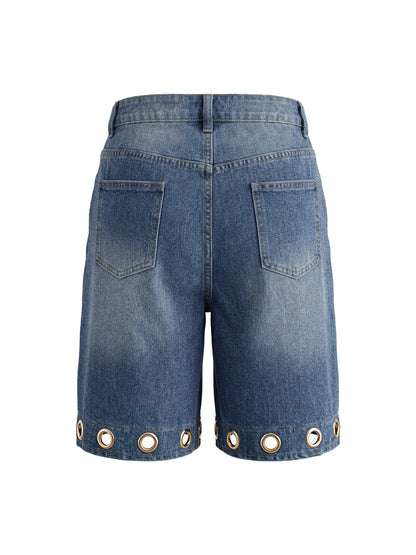 High Waisted Wide Leg Buttoned Hollow Pockets Solid Color Split-Joint Jean Pants Bottoms Shorts Bottoms