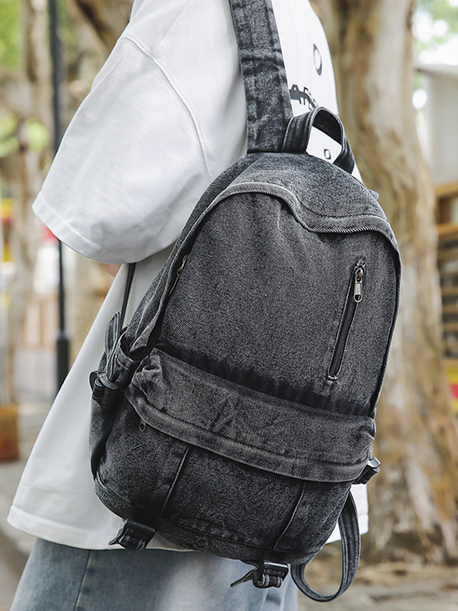 Women Pure Color Denim Large Capacity Backpack