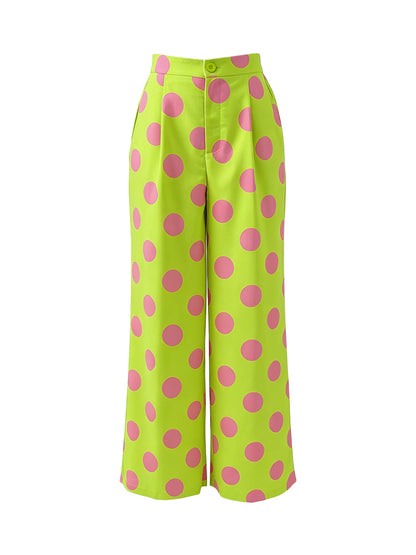 Loose Wide Leg Buttoned Pockets Polka-Dot Pants Trousers