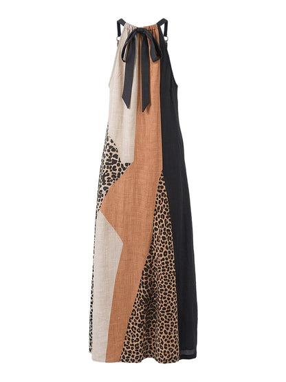 Loose Sleeveless Asymmetric Contrast Color Leopard Pockets Split-Joint Halter-Neck Maxi Dresses