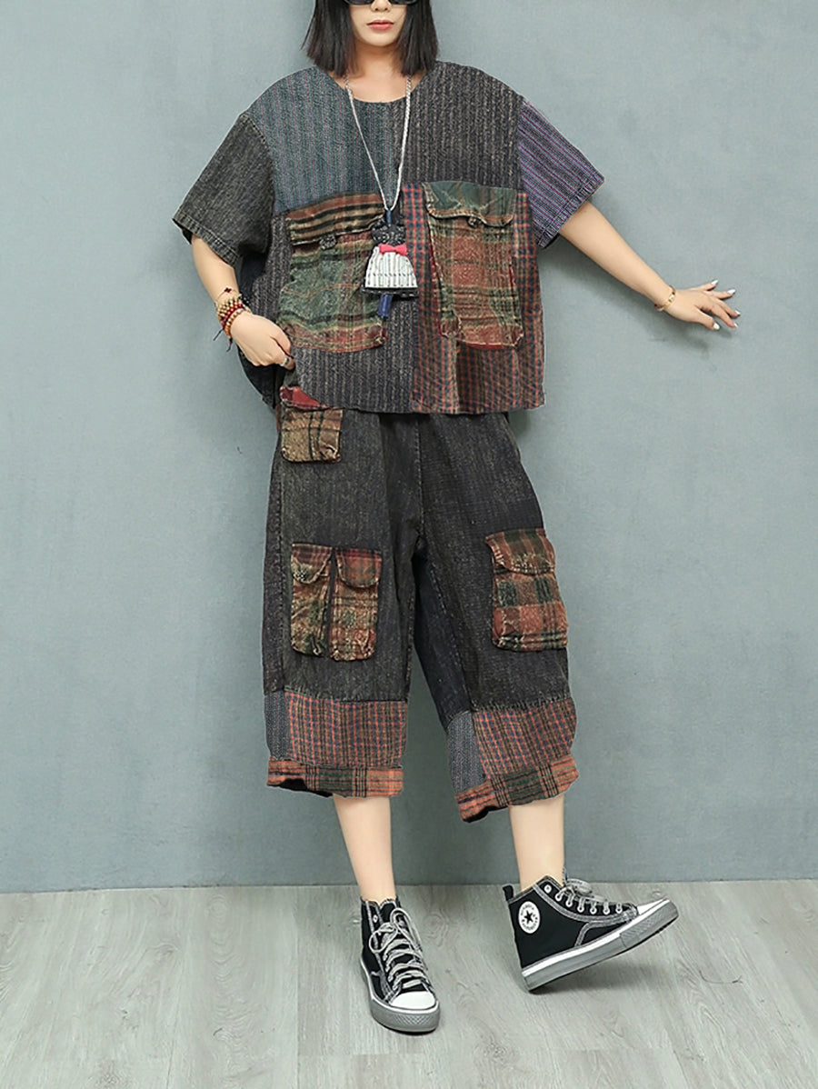 Plus Size Women Summer Vintage Patchwork Loose Suits