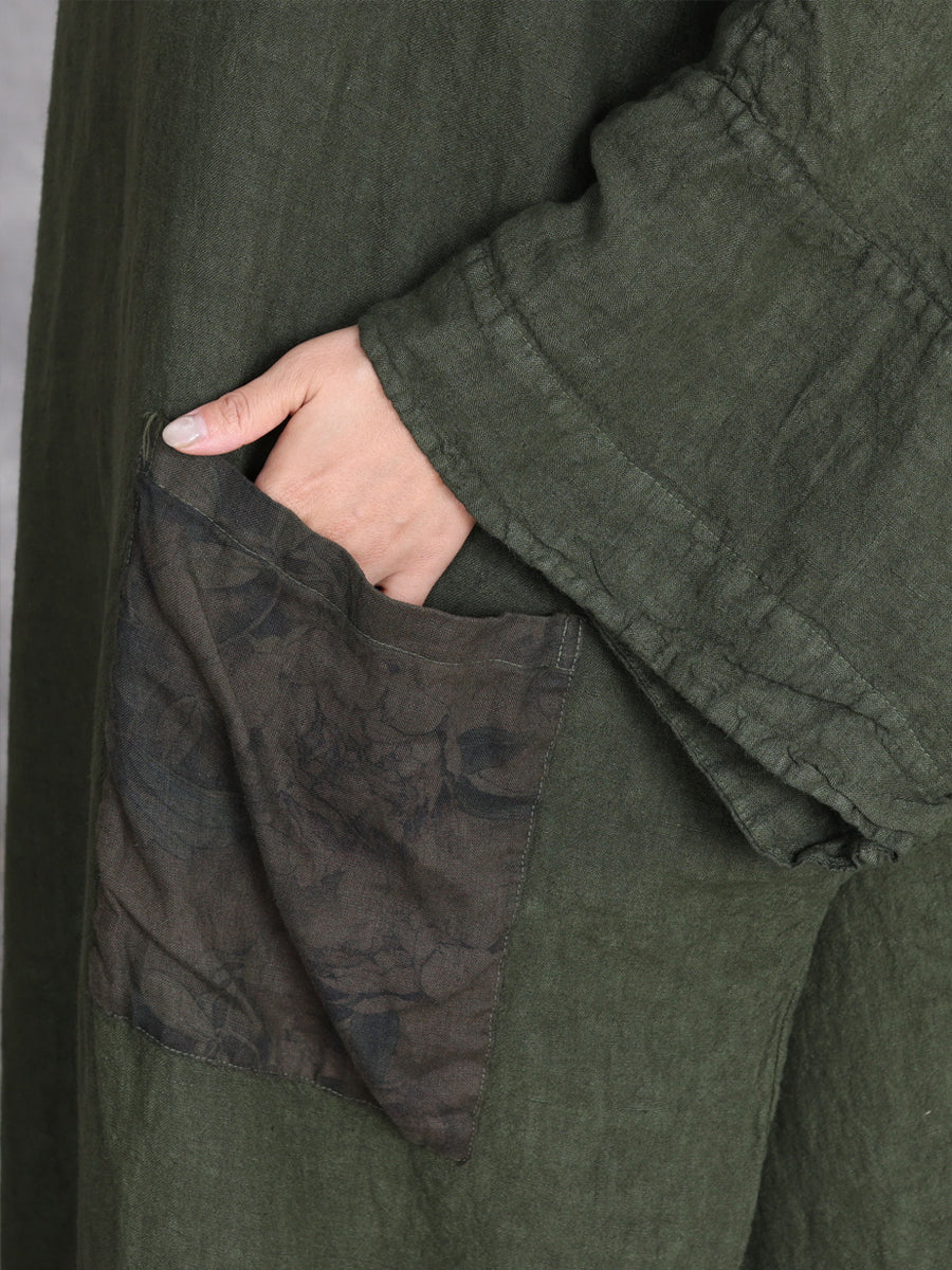 Women Autumn Vintage Spliced O-Neck Linen Maxi Dress