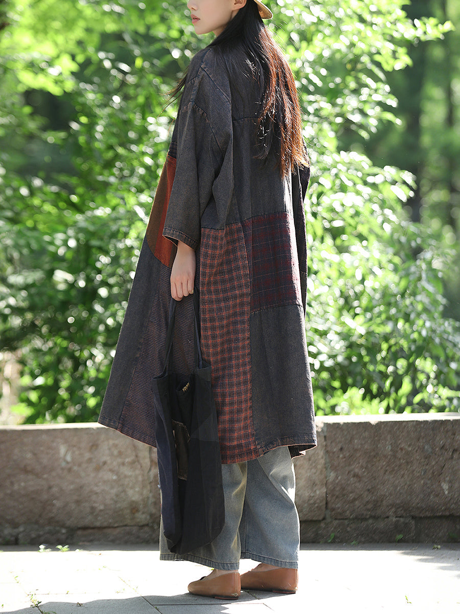 Women Retro Autumn Spliced Stand Collar Cotton Coat