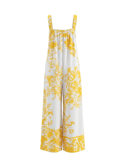 Loose Sleeveless Flower Print Pleated Pockets Spaghetti-Neck Jumpsuits