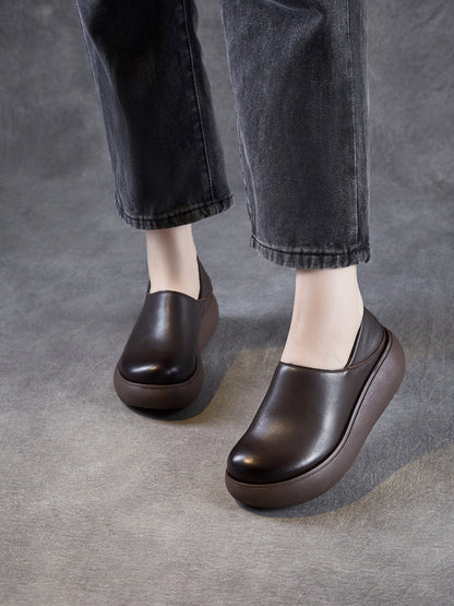 Women Genuine Leather Pure Color Platfrom Shoes
