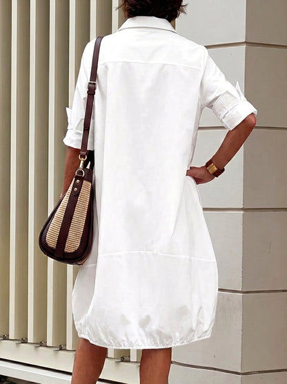 Long Sleeves Loose Buttoned Pockets Printed Lapel Midi Dresses