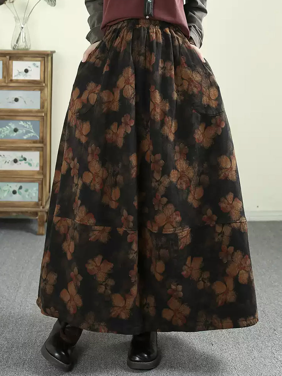Women Autumn Artsy Flower A-Shape 100%Cotton Skirt