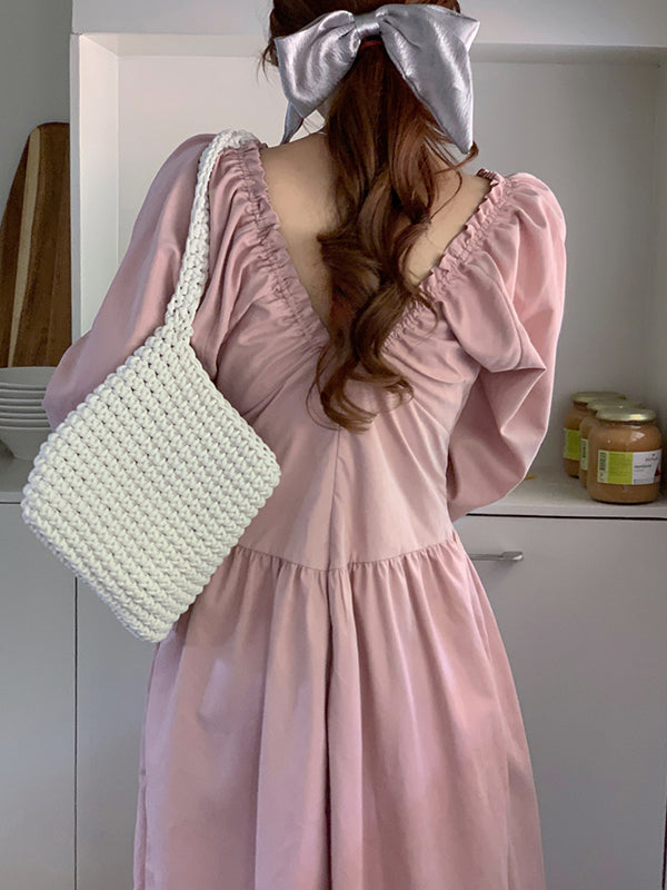 Bishop Sleeve Long Sleeves Elasticity Pleated Ruffled Solid Color Split-Joint Deep V-Neck Midi Dresses