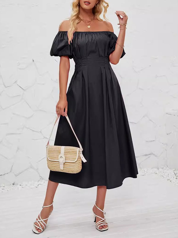 Loose Puff Sleeves Elasticity Pleated Solid Color Split-Joint Off-The-Shoulder Midi Dresses