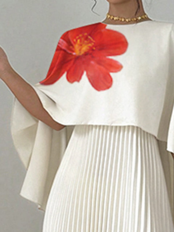 Cape Loose Floral Printed Pleated Split-Joint Round-Neck Evening Dresses Maxi Dresses