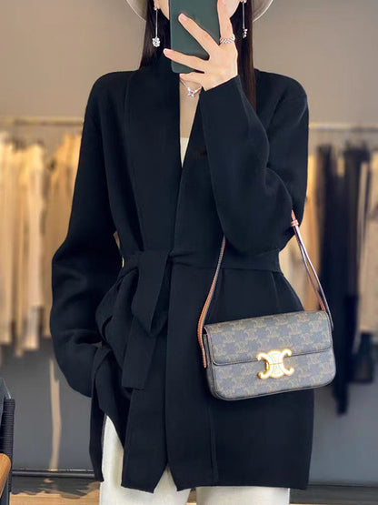 Long Sleeves Loose Solid Color Tied Waist V-Neck Cardigan Tops