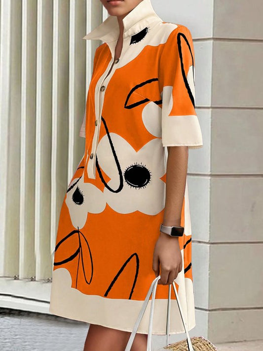 A-Line Half Sleeves Buttoned Contrast Color Flower Print Pockets Stand Collar Mini Dresses