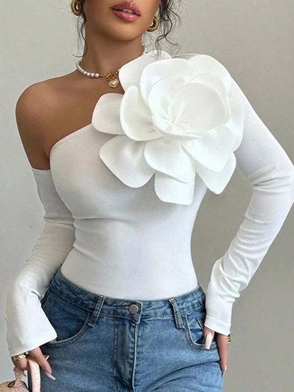Long Sleeves Skinny Solid Color Three-Dimensional Flower One-Shoulder T-Shirts Tops