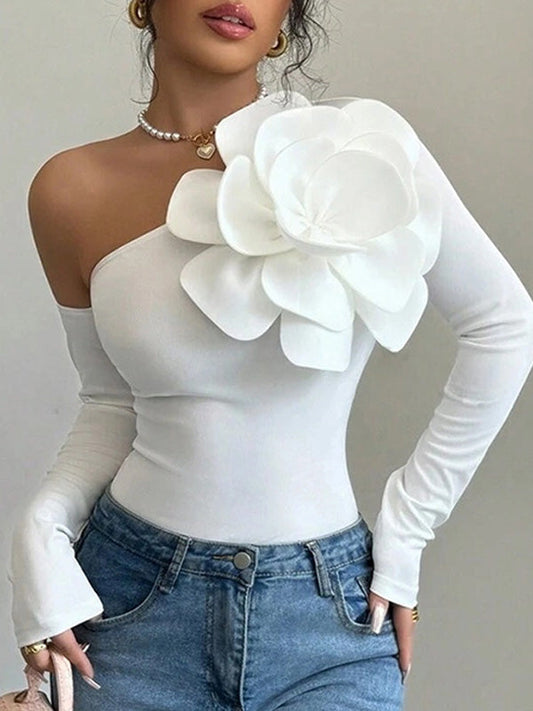Long Sleeves Skinny Solid Color Three-Dimensional Flower One-Shoulder T-Shirts Tops
