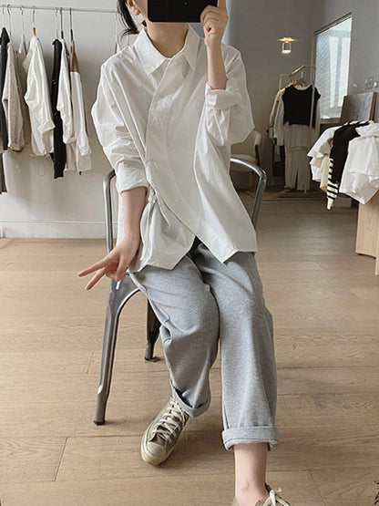 Irregular Clipping Long Sleeves Lace-Up Solid Color Lapel Blouses
