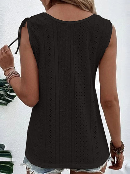 Loose Plus Size Buttoned Hollow Pleated Split-Joint Tied U-neck Vest Top