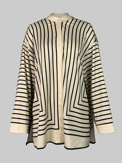Long Sleeves Loose Buttoned Striped Stand Collar Blouses&Shirts Tops