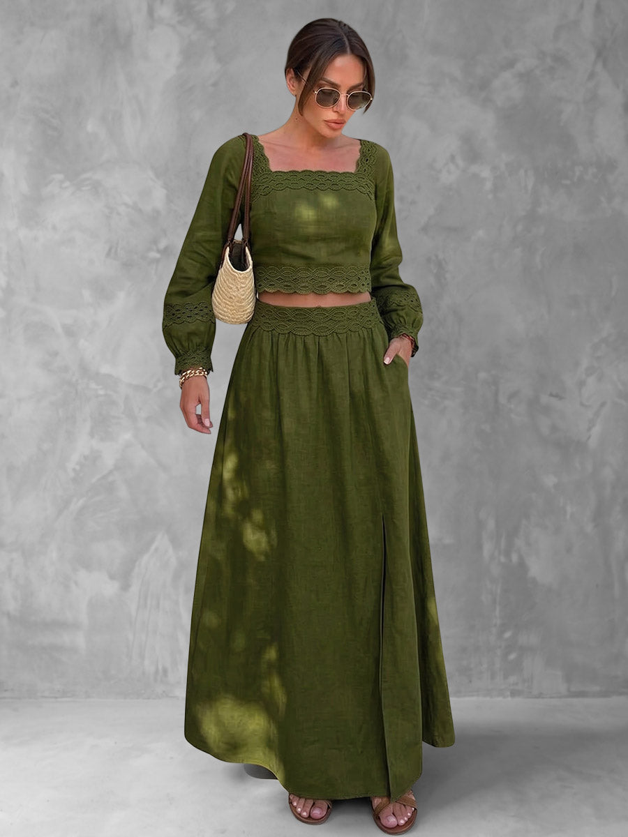 Split-side Solid Color Backless Long Sleeves High Waisted Square-neck Two Pieces Set Skirts Bottoms + Blouses&shirts Tops