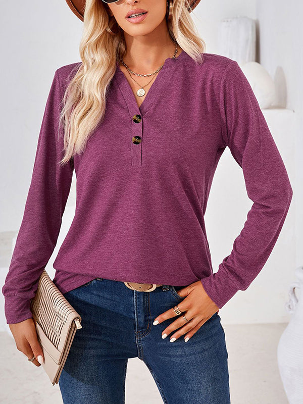 Long Sleeves Loose Split-Joint V-Neck T-Shirts