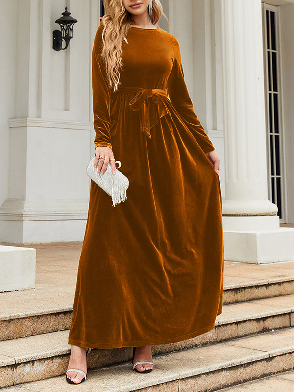 Long Sleeves Wrap Belted Pleated Solid Color Zipper Round-Neck Maxi Dresses