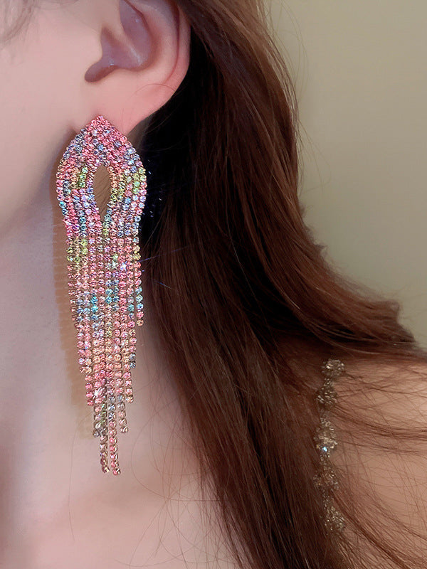 Gradient Hollow Rhine Stones Tasseled Drop Earrings
