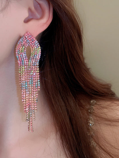 Gradient Hollow Rhine Stones Tasseled Drop Earrings