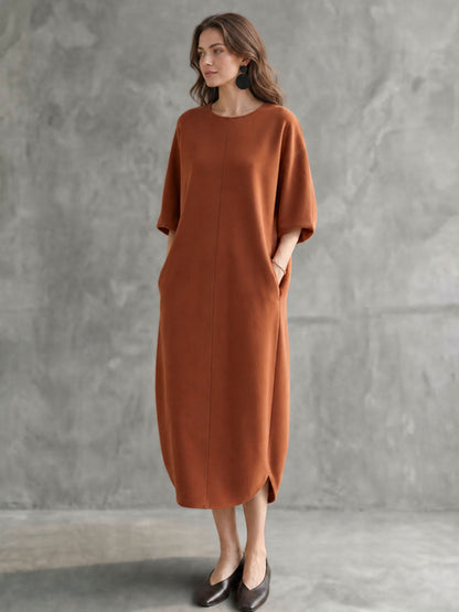 Solid Color Pockets Three-quarter Sleeves Loose Round-neck Midi Dresses