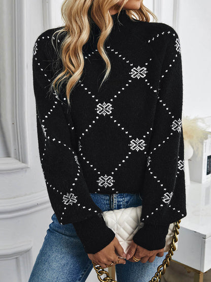 Long Sleeves Loose Contrast Color Flower Print Geometric Split-Joint Half Turtleneck Sweater Tops