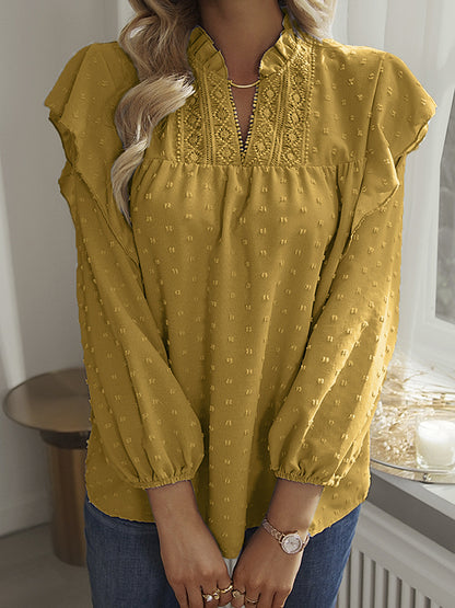 Long Sleeves Loose Elasticity Jacquard Ruffle Trim Solid Color Split-Joint V-Neck Blouses&Shirts Tops
