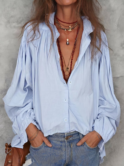 Long Sleeves Loose Buttoned Pleated Solid Color Lapel Blouses&Shirts Tops