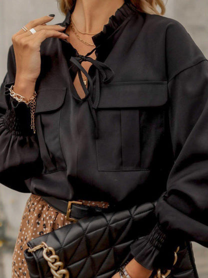 Long Sleeves Loose Hollow Lace-Up Pleated Solid Color Split-Joint V-Neck Blouses